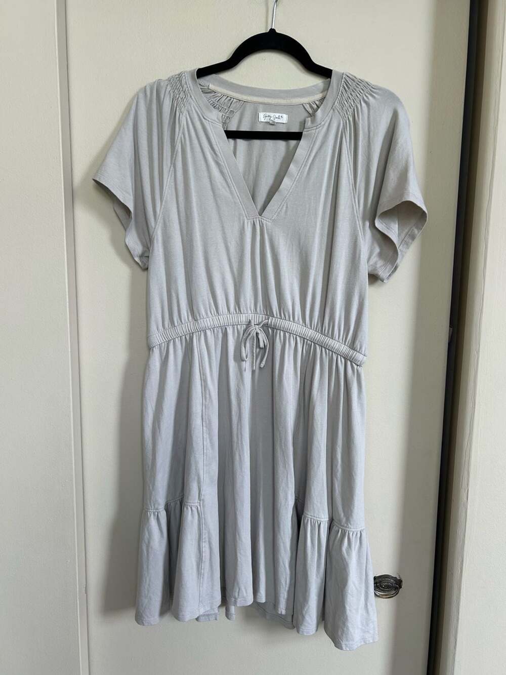 Grey State Cotton Modal Tiered V-Neck Dress with Drawstring Waist
